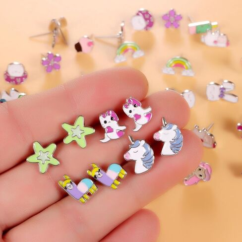 60 Pairs Cute Earrings Set - Hypoallergenic Stainless Steel Studs with Cartoon Characters, Colorful Faux Pearls & Sparkling Cubic Zirconias in Kuwait