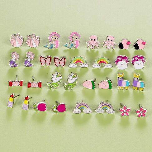 60 Pairs Cute Earrings Set - Hypoallergenic Stainless Steel Studs with Cartoon Characters, Colorful Faux Pearls & Sparkling Cubic Zirconias in Kuwait