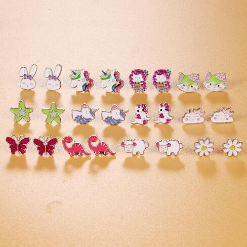 60 Pairs Cute Earrings Set - Hypoallergenic Stainless Steel Studs with Cartoon Characters, Colorful Faux Pearls & Sparkling Cubic Zirconias in Kuwait