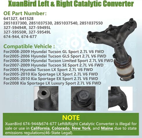 محول حفاز مناسب لسيارة Hyundai Tucson 2005-2009 لكيا سبورتاج 2005-2010 Sport V6 2.7L يسار يمين فقط محرك العجلات الأمامية 674-944 674-677 in Kuwait