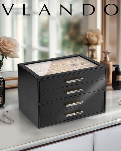 Vlando Jewelry Box for Women, Glass Lid Jewelry Organizer with 3 Drawers for Necklaces Rings Earrings Bracelets Christmas Gift - Cloud White in Kuwait