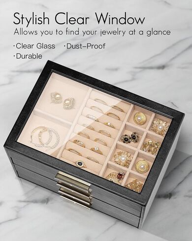 Vlando Jewelry Box for Women, Glass Lid Jewelry Organizer with 3 Drawers for Necklaces Rings Earrings Bracelets Christmas Gift - Cloud White in Kuwait