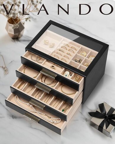 Vlando Jewelry Box for Women, Glass Lid Jewelry Organizer with 3 Drawers for Necklaces Rings Earrings Bracelets Christmas Gift - Cloud White in Kuwait