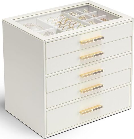 Vlando Jewelry Box for Women, Glass Lid Jewelry Organizer with 3 Drawers for Necklaces Rings Earrings Bracelets Christmas Gift - Cloud White in Kuwait