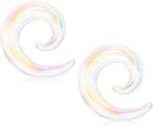 Pierced Owl - White Iridescent Glass Handcrafted Spiral Taper Plugs, Sold as a Pair in Saudi Arabia