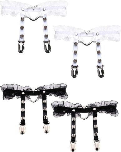 Adove Women Adjustable Leather Thigh Garter,Lace Heart Shaped Leg with Clips punk goth for thigh high socks in Kuwait