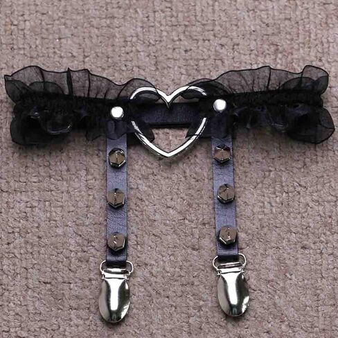 Adove Women Adjustable Leather Thigh Garter,Lace Heart Shaped Leg with Clips punk goth for thigh high socks in Kuwait