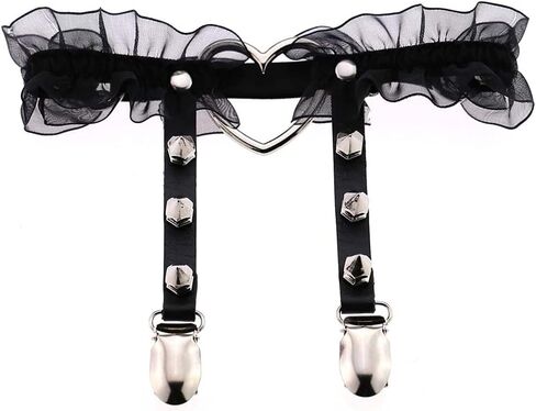 Adove Women Adjustable Leather Thigh Garter,Lace Heart Shaped Leg with Clips punk goth for thigh high socks in Kuwait