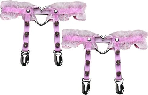 Adove Women Adjustable Leather Thigh Garter,Lace Heart Shaped Leg with Clips punk goth for thigh high socks in Kuwait