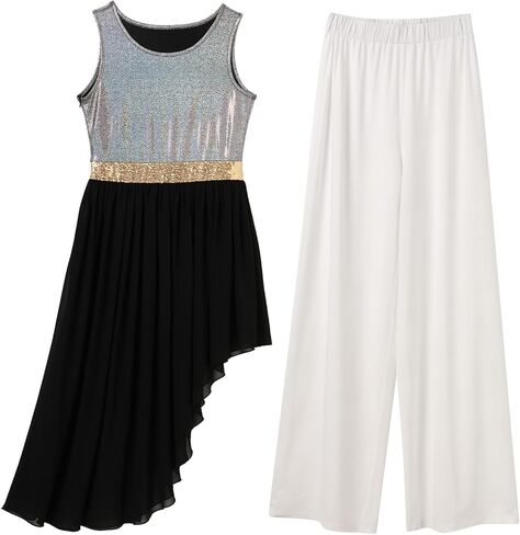 IBAKOM Praise Dance Dress Women Worship Overlay and Tunic Baggy Pant Metallic Lyrical Dance Costume Liturgical Dancewear in Kuwait