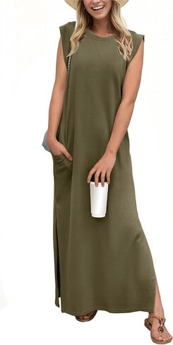 GRECERELLE 2025 Women Summer Round Neck Casual Loose Split Wrinkle-Free Long Maxi Beach Dress with Pockets (XS-3XL) in Kuwait