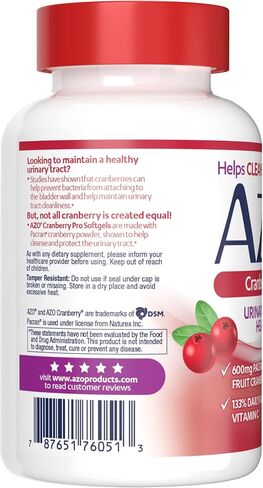 AZO Cranberry Pro, Cranberry Pills for Women & Men, 600mg Pacran, Made with Concentrated Whole Fruit Cranberry Powder to Help Cleanse and Protect The Urinary Tract*, Sugar Free, Non-GMO, 100 Softgels in Kuwait