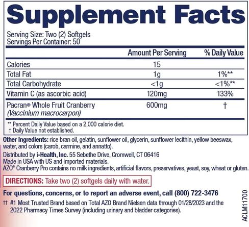 AZO Cranberry Pro, Cranberry Pills for Women & Men, 600mg Pacran, Made with Concentrated Whole Fruit Cranberry Powder to Help Cleanse and Protect The Urinary Tract*, Sugar Free, Non-GMO, 100 Softgels in Kuwait