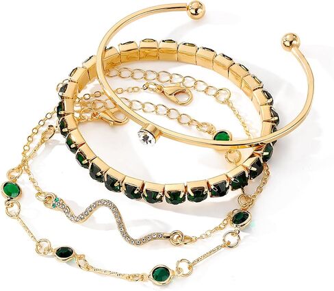 4 Pcs Dainty Gold Silver Bracelets Set for Women 14K Plated Link Cubic Zirconia Paperclip Stake Layering Chain Adjustable Trendy Hand Jewelry in Saudi Arabia