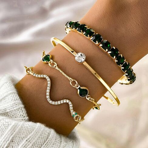 4 Pcs Dainty Gold Silver Bracelets Set for Women 14K Plated Link Cubic Zirconia Paperclip Stake Layering Chain Adjustable Trendy Hand Jewelry in Saudi Arabia
