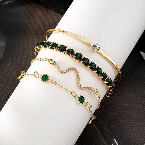 4 Pcs Dainty Gold Silver Bracelets Set for Women 14K Plated Link Cubic Zirconia Paperclip Stake Layering Chain Adjustable Trendy Hand Jewelry in Saudi Arabia