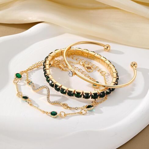 4 Pcs Dainty Gold Silver Bracelets Set for Women 14K Plated Link Cubic Zirconia Paperclip Stake Layering Chain Adjustable Trendy Hand Jewelry in Saudi Arabia