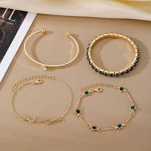 4 Pcs Dainty Gold Silver Bracelets Set for Women 14K Plated Link Cubic Zirconia Paperclip Stake Layering Chain Adjustable Trendy Hand Jewelry in Saudi Arabia