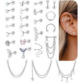 27 Pcs Flat Back Earrings Hypoallergenic Surgical Steel Cartilage Stud Earring Stacks Set for Mutiple Piercing Dainty Chain Dangle Conch Tragus Daith Helix Piercing Jewelry for Women Men Trendy 16G