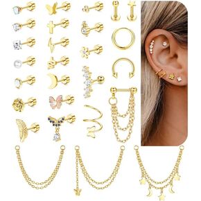 27 Pcs Flat Back Earrings Hypoallergenic Surgical Steel Cartilage Stud Earring Stacks Set for Mutiple Piercing Dainty Chain Dangle Conch Tragus Daith Helix Piercing Jewelry for Women Men Trendy 16G in Kuwait
