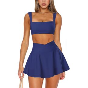 Two Piece Tennis Skirt Sets for Women 2 Piece Mini Skirt Set Going Out Golf Skort Athletic Skirt Pickleball Outfit