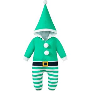 Toddler Baby Boys Girls Santa Outfit Christmas Elf Costume Rompers Infant Hooded Jumpsuit