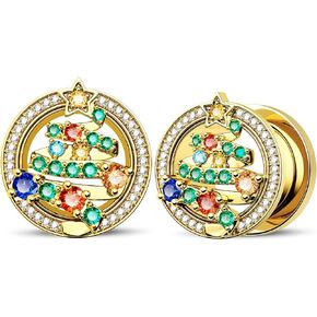 Jewseen Surgical Steel Ear Gauges Gold Ear Plugs Christmas Ear Tunnels Rainbow Cubic Zirconia Gauges for Ears for Women 2g-5/8’’ Gauges Plugs