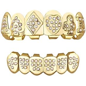 Gold Grillz Teeth Set CZ Diamonds Grillz 24k Plated Gold Top & Bottom Grill Hip Hop Bling Iced Out Grillz For Son + Extra Molding Bars + Microfiber Cloth