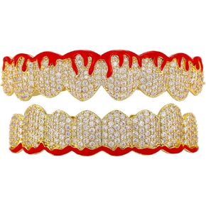14K Halloween Gold with Red Flame Diamond Teeth Grills Gold Plated Iced CZ Mouth Teeth Grillz Caps Top Bottom Grill Set Men Women Rock Punk for Men Jewelry