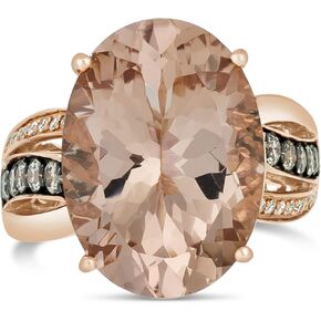 LE VIAN 14K Rose Gold, Oval Cut Morganite & 1/2 Cttw White/Chocolate Diamond Bow Fashion Ring (H-I & Fancy Brown Color, SI1-SI2 Clarity) - Size 7