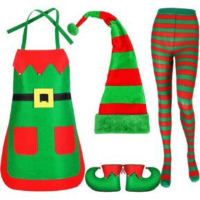 Yaomiao 4 Pcs Christmas Elf Costume Set Womens Elf Apron Santa Elf Hats Green and Red Striped Tights Xmas Elf Outfit for Christmas Cosplay Party