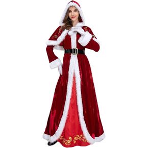 nezababycos Mrs Claus Costume Women Santa Claus Dress Christmas Suit with Red Hooded Cape Hat Outfits for Party Cosplay