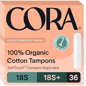 Cora Organic Applicator Tampon Multipack | 18 Super & 18 Super Plus Absorbency | 100% Organic Cotton, Unscented, BPA-Free Compact Applicator | Leak Protection | Packaging May Vary | 36 Total