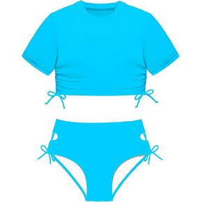 Girls Swimsuits Short Sleeve Bathing Suit Solid 2 Piece Drawstring Bikini Set with Paddings 7-14T