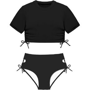 الفتيات المايوه قصيرة الأكمام ثوب السباحة الصلبة 2 قطعة الرياضة Rashguard ملابس السباحة الفتيات 7-14T in Kuwait