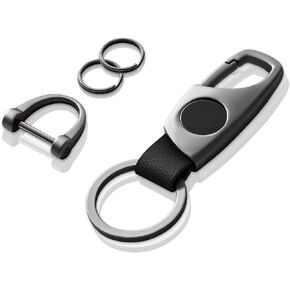 Carabiner Keychain, Key Chains for Car Key with 2 Key Rings and Anti-Lost D-Ring, Multifunctional Leather Keychains for Men and Women – Grey(Black Leather)