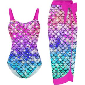 UNIFACO Girls One Piece Swimsuit with Cover Up Skirt 2 Piece Bathing Suit Swimwear Sets 6-12T