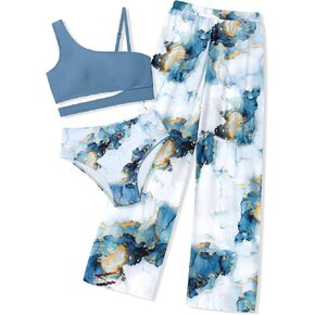 Girls Swimsuit Floral Print 3 Piece Teen Girls Bathing Suit Kids Cutout High Waist Girls Bikini with Cover Up Pants