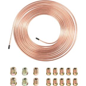 YAKEFLY 25 Ft. 3/16 Copper Nickel Brake Line,Rustproof Brake Line Tubing Kit,Flexible Copper Coated Brake Line Tubing Coil with 16 Inverted Flare Fittings for Hydraulic Fuel Transmission (Gold)