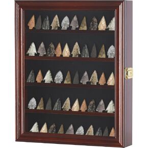 Arrowhead Display Case Native American Arrowhead Shadow Box Wall Mount Arrowhead Collection Cabinet with UV Protection for Agate Opal Stone Arrowheads Spear Points (Mahogany Finish)
