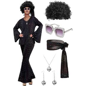 Jexine Halloween 70s Women Disco Costume Set Disco Party Top Pants Sunglasses Ball Necklace Earring Wig
