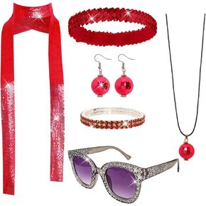 6 Pcs 70s Women Disco Accessories Disco Costume Disco Sequin Scarf Headband Diamond Bracelet Ball Necklace Earring Glasses