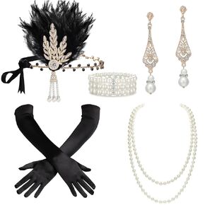 BABEYOND 1920s Accessories for Women - Great Gatsby Accessories Flapper Headband Headpiece Pearl Necklace Gloves for Women
