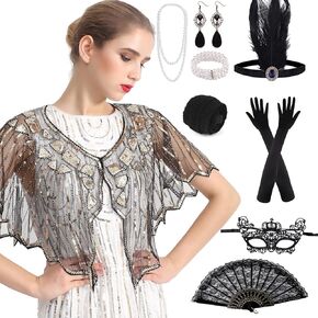 PLULON 8 Pcs 1920s Flapper Accessories Set for Women, Great Gatsby Dresses Sequin Shawl Wraps Roaring 20s Dresses for Party