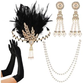 5 Pack 1920s Gatsby Flapper Accessories Set, 20s Party Costume Headband for Women, Feather Flapper Headpiece, Pearl Necklace and Earrings, Gloves, Faux Holder