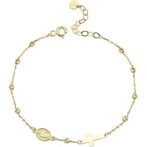 14K Solid Gold Rosary Cross Bracelet for Women | 14K Gold Adjustable Cross Bracelet | Gold Chain Bracelet Religious Charm | Christian Baptism Gift | Solid Gold and Gold Plated Options