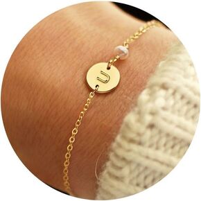 Turandoss Gold Initial Bracelets for Women - Personalized Gold Bracelets for Women Teen Girls Initial Pearl Bracelets for Girls Gifts Disc Monogram Bracelets Gold Jewelry for Women Teen Girl Gifts