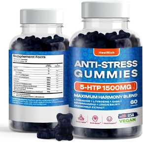 Stress Relief Gummies - 1500MG 5HTP with L-Theanine Gaba & L-Tyrosine - Ashwagandha Herbal Supplement Supports Intellectual Alertness Vegan Brain Mood Booost Supplements for Kids & Adults Made in USA