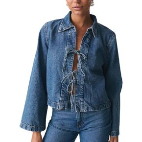 Women Fashion Cropped Denim Jacket Tie Front Lapel Neck Long Sleeve Jean Coat Lightweight Shacket Fall Blouse