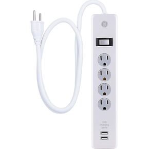 GE 4-Outlet Surge Protector، 2 منافذ USB، سلك طاقة 3 قدم، 800 جول، ملتوي لقفل أغطية الأمان، تقنية إيقاف التشغيل التلقائي، قاطع الدائرة، الضمان، مدرج في قائمة UL، أسود، 33654